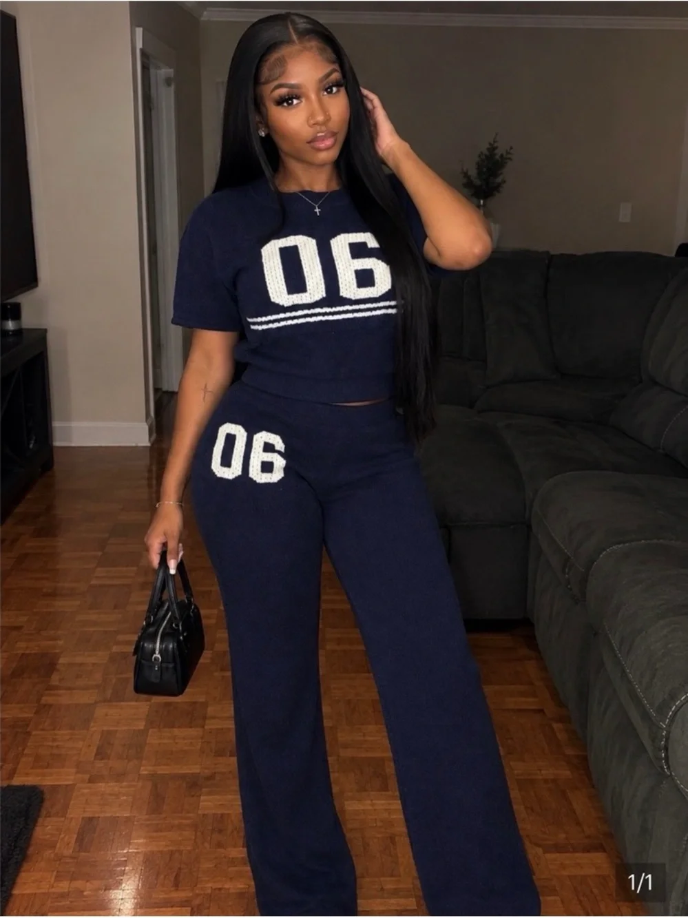 Navy Knit Two-Piece Pants Set with 06 Graphic